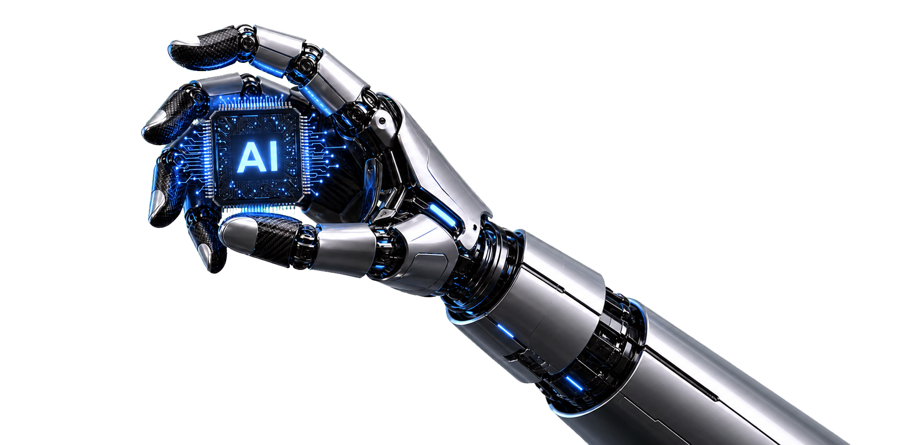 Sleek robotic hand holding a glowing AI processor chip
