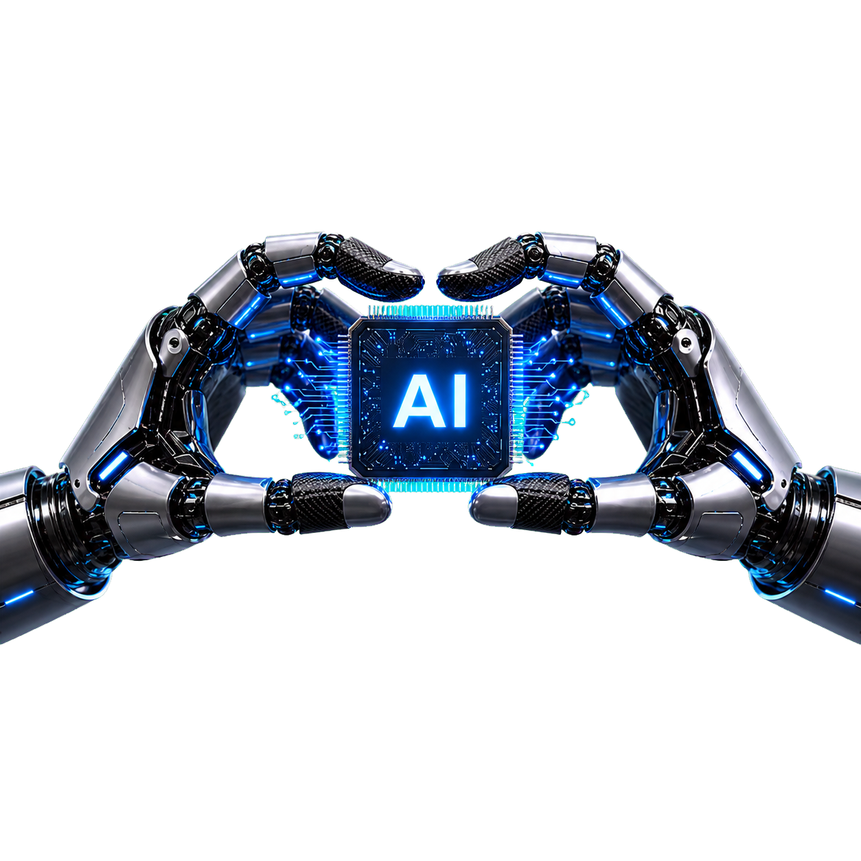 Two robotic hands holding a glowing AI processor chip